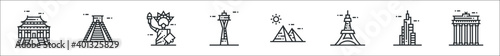 set of 8 world landmarks thin outline icons such as forbidden city, chichen itza, statue of liberty, space needle, pyramids, eiffel tower, burj khalifa, brandenburg gate