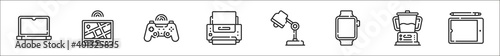set of 8 electronic devices thin outline icons such as laptop, gps, game controller, printer, lamp, smartwatch, blender, ipad