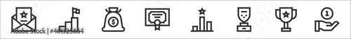 set of 8 winning thin outline icons such as winner, goal, money bag, diploma, podium, award, cup, winner