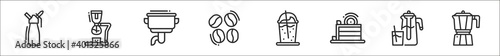 set of 8 coffee thin outline icons such as whipped cream, syphon, single, coffee beans, frappe, cake, cold, moka pot