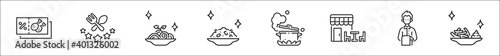 set of 8 restaurants and dining thin outline icons such as coupon, restaurant, spaghetti, rice bowl, pot, restaurant, waiter, french fries