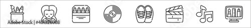 set of 8 fine arts thin outline icons such as stationery, woman, pencils, vinyl, ballet shoes, clapperboard, quaver, graphic de