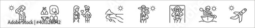 set of 8 summer holiday thin outline icons such as sweating, outfit, flirt, beach, woman, sunbathing, kayaking, plane