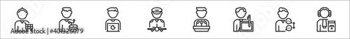 set of 8 man worker avatar thin outline icons such as salesman, web administrator, graphic de, pilot, politician, writer, translator, lawyer