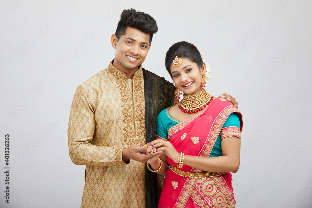 Photo Art Print Beautiful happy north Indian couple in traditional dress. krishna