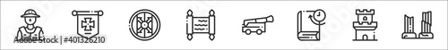 set of 8 history thin outline icons such as archeologist, medieval, shield, papyrus, cannon, book, tower, column