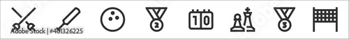 set of 8 sports thin outline icons such as fencing, cricket bat, bowling ball, second place, scoreboard, chess, third place, net