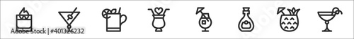 set of 8 cocktails thin outline icons such as fire cocktail, martini, cocktail, cocktail, rum, pineapple