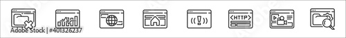 set of 8 interface browser thin outline icons such as remove, business, globe, homepage, warning, http, videocamera, search