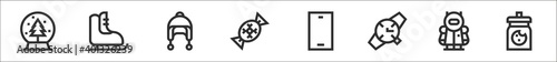 set of 8 christmas presents thin outline icons such as snow globe, ice skating, earmuffs, candy, smartphone, watch, robot, cookie jar