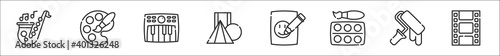set of 8 fine arts thin outline icons such as saxophone, palette, piano, d modeling, sketch, watercolor, paint roller, film