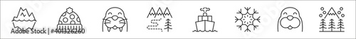 set of 8 arctic thin outline icons such as iceberg, beanie, walrus, winter, navy, snowflake, sea cow, winter