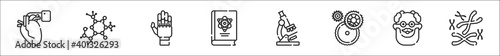 set of 8 bioengineering thin outline icons such as defibrillator, chemistry, prosthetics, scientific literature, microscope, mechanical, professor, chromosome