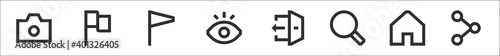 set of 8 user interface thin outline icons such as camera, flag, flag, eye, exit, search, home, share