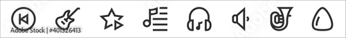 set of 8 music thin outline icons such as play button, rock, favourite, playlist, music, low volume, tuba, pick