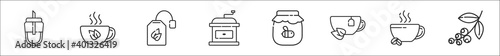 set of 8 tea and coffee thin outline icons such as sugar jar, tea cup, tea bag, coffee maker, honey jar, cup, coffee cup, beans