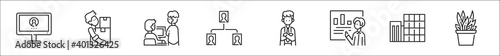 set of 8 office space thin outline icons such as computer, re, conversation, hierarchy, businessman, presentation, office building, plant