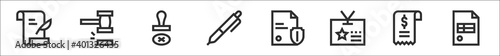 set of 8 legal document thin outline icons such as agreement, hammer, stamp, , document, id card, receipt, invoice