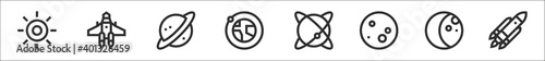 set of 8 space thin outline icons such as sun, spaceship, saturn, orbit, planet, moon, moon, rocket