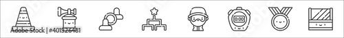 set of 8 hockey thin outline icons such as cone, air horn, air hockey, tournament, coach, chronometer, medal, bench