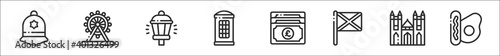 set of 8 united kingdom thin outline icons such as police hat, ferris wheel, street light, phone cabin, pound sterling, ireland, westminster, english breakfast