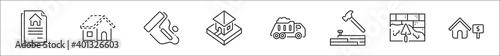 set of 8 build a house thin outline icons such as tittle deed, roof, paint roller, house, dump truck, hammering, plastering, house