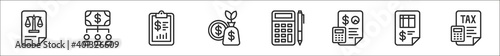 set of 8 accounting thin outline icons such as balance sheet, shareholder, business report, profit, accounting, accounting, invoice, tax