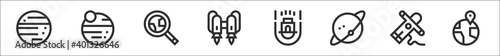 set of 8 space thin outline icons such as planet, planets, planet, jetpack, space capsule, planet, astronaut, landing