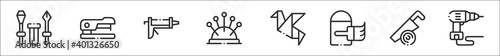 set of 8 diy crafts thin outline icons such as screwdriver, stapler, caulk gun, needles, origami, paint bucket, saw, driller