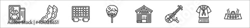 set of 8 japan thin outline icons such as karuta, edamame, go ban, fan, store, biwa, uniform, kotatsu