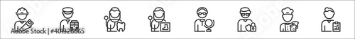set of 8 man worker avatar thin outline icons such as carpenter, driver, dentist, podiatrist, teacher, hacker, baker, analyst