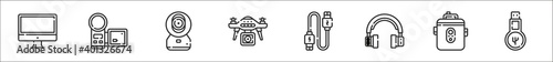 set of 8 electronic devices thin outline icons such as computer, video camera, webcam, drone, usb, headphones, rice cooker, flash disk