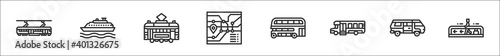 set of 8 public transport thin outline icons such as train, ferry, tram, route, double decker bus, minibus, van, walkway