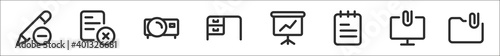 set of 8 work office thin outline icons such as pencil, paper, projector, work table, graphs, notebook, monitor, folder