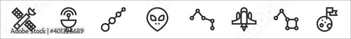 set of 8 space thin outline icons such as satellite, satellite dish, aligned, alien, constellation, rocket, big dipper, moon landing