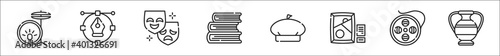 set of 8 fine arts thin outline icons such as drum, , theater, books, artist hat, museum, film reel, vase