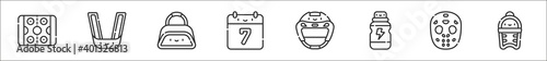 set of 8 hockey thin outline icons such as rink, mouth guard, sport bag, calendar, hockey helmet, energy drink, hockey mask, shin guards
