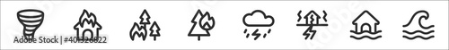 set of 8 disaster thin outline icons such as twister, burning house, burning tree, burning tree, thunderstorm, earthquake, flooded house, wave