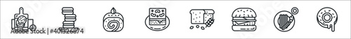 set of 8 august bakery thin outline icons such as naan, macaron, bread, brownie, bread, hamburger, churros, donut