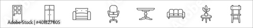 set of 8 furniture thin outline icons such as door, wardrobe, armchair, office chair, table, sofa, flowerpot, stool