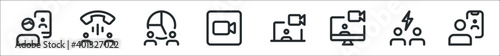 set of 8 meeting thin outline icons such as videocall, call, diagram, camera, videocall, videocall, critical thinking,