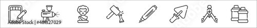set of 8 fine arts thin outline icons such as graphic tablet, airbrush, sculpture, sculpting, liner, trowel, compass, acrylic