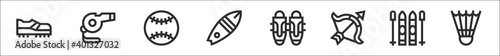set of 8 sport equipment thin outline icons such as football shoes, whistle, baseball, surfboard, leg guard, archery, ski, badminton