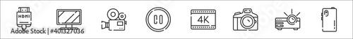 set of 8 video camera thin outline icons such as hdmi, tv monitor, camera, pause button, k film, photo camera, projector, mobile