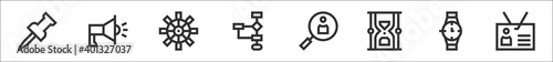 set of 8 management thin outline icons such as pin, megaphone, wheel, process, search, sand clock, watch, badge