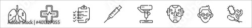 set of 8 bioengineering thin outline icons such as artificial, health, project, injection, d printer, robot, student, bacteria
