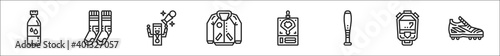 set of 8 baseball thin outline icons such as water bottle, socks, champion, jacket, coach, baseball bat, stopwatch, shoe