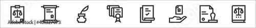 set of 8 legal document thin outline icons such as clipboard, legal document, inkwell, document, legal permission, oath