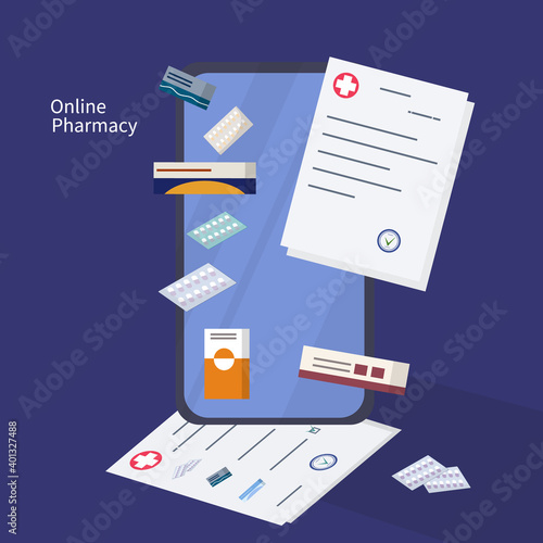 Online pharmacy. List with print. Ordering medicines via the Internet. The concept of buying medicines through a smartphone or online order. Template for an online pharmacy. Vector. Flat style