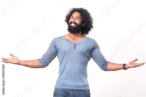 Canvas Print Bearded young man welcoming on white.